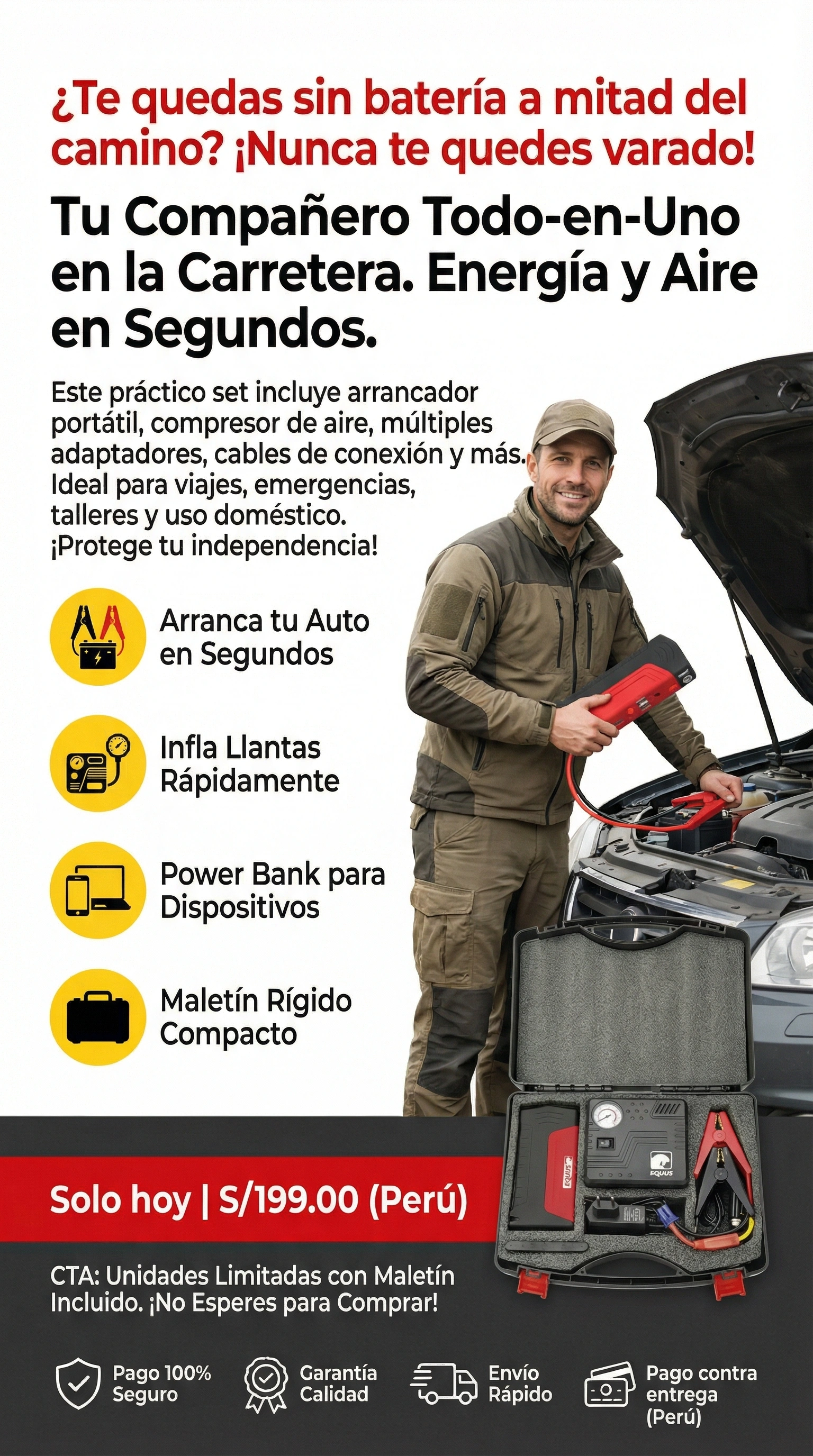 Arrancador de batería para coche con Compresor de aire inteligente